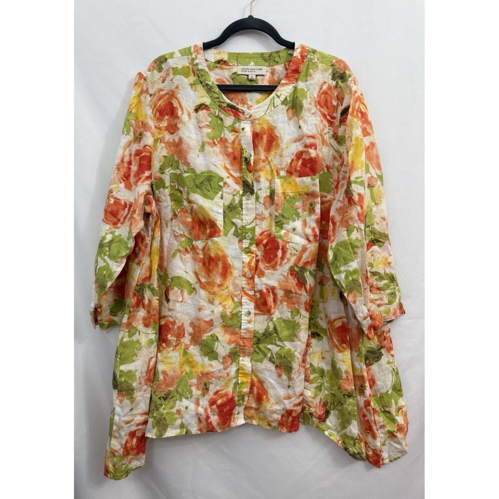 Jones New York Linen Tunic Top Orange Green Floral Button Front Womens Plus 3X